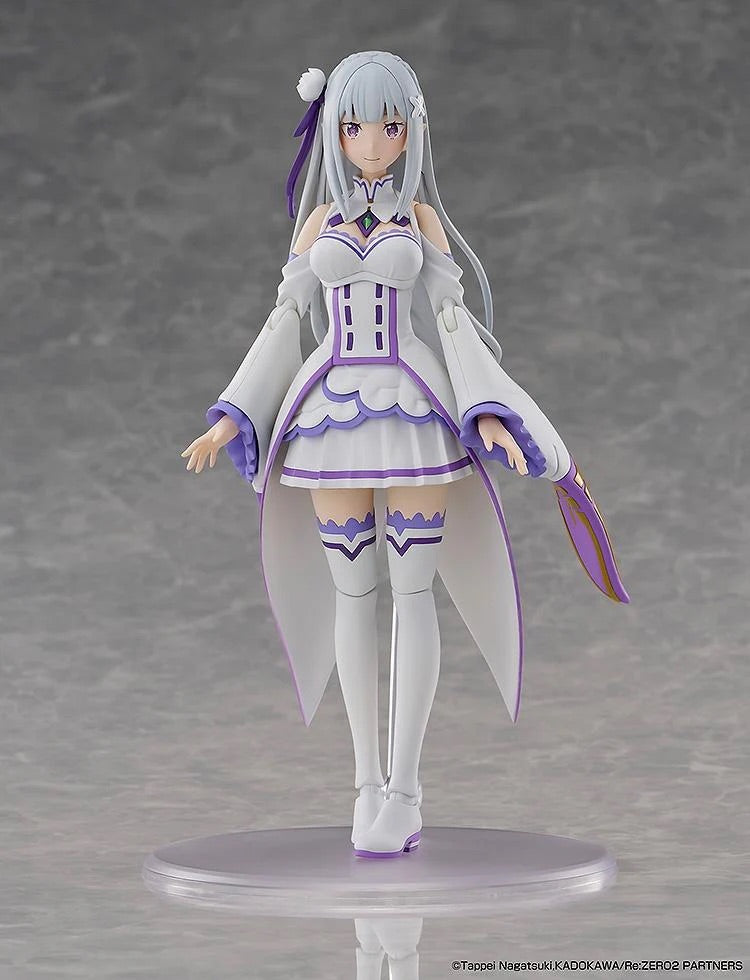 The Emilia figure wearing her iconic regular white and purple magical outfit in a neutral standing pose.