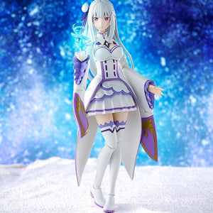 Promotional action shot of the Emilia figure in her regular outfit, standing in a snowy environment with the ice magic effect glowing.