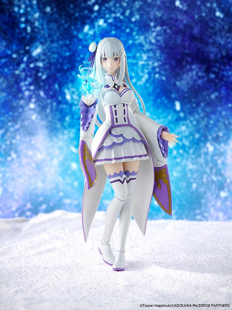 Promotional action shot of the Emilia figure in her regular outfit, standing in a snowy environment with the ice magic effect glowing.