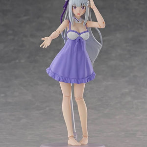 Emilia figure in her purple swimsuit, posed with her arm outstretched to showcase the figure's articulation.
