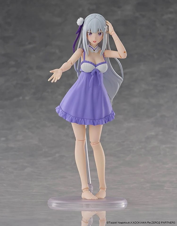 Emilia figure in her purple swimsuit, posed with her arm outstretched to showcase the figure's articulation.