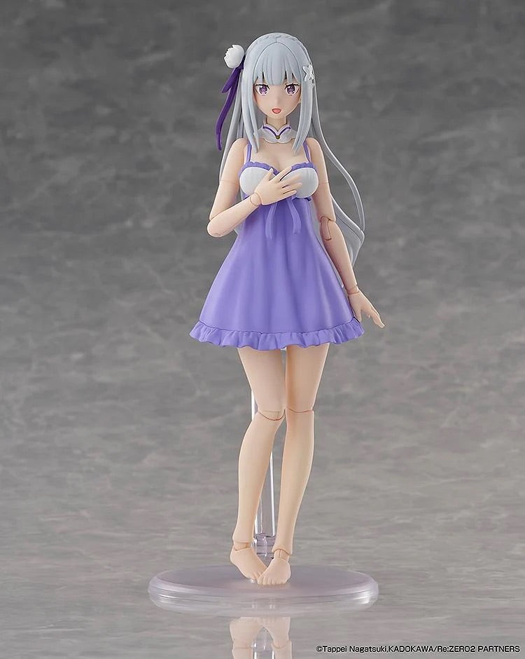 The Emilia figure wearing her simple purple swimsuit, displayed in a standing pose.