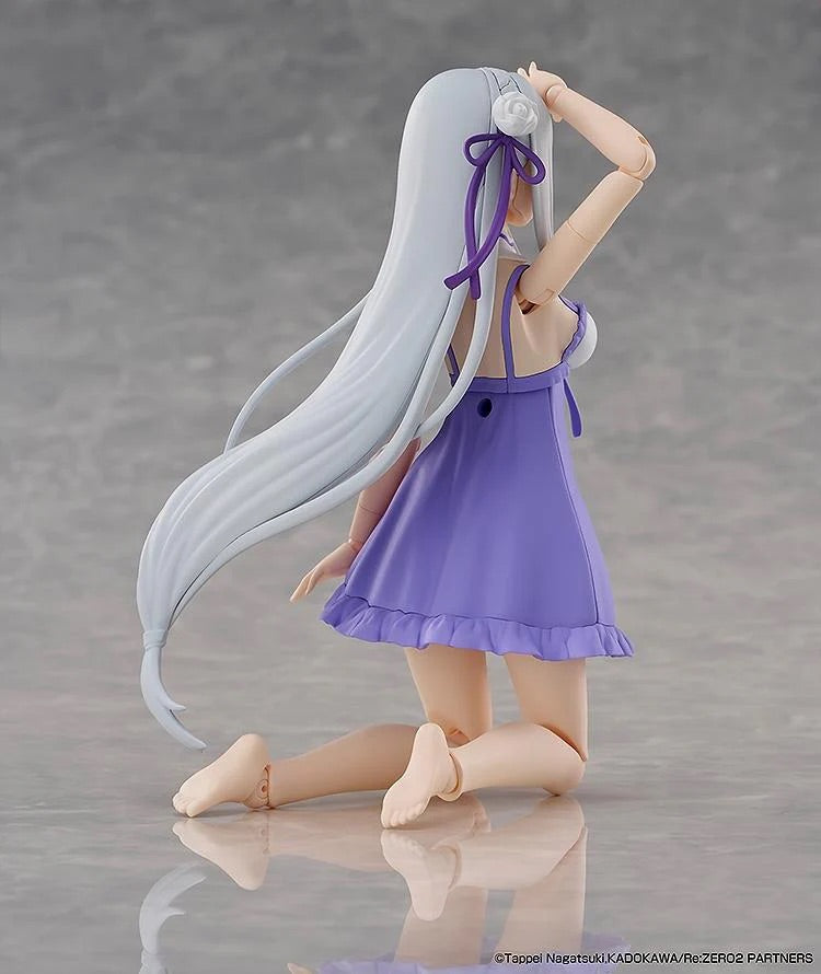 Rear view of the Emilia figure in her swimsuit, kneeling down and showing the long flow of her silver hair.