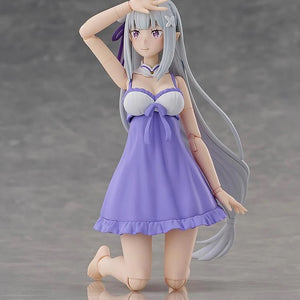 The Emilia figure in her swimsuit, posed kneeling down with a relaxed expression, demonstrating flexibility.