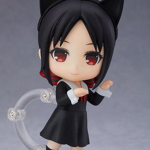 Kaguya Shinomiya Nendoroid chibi figure wearing a black cat ears headband and posing with curled hands mimicking a cat against a grey background.