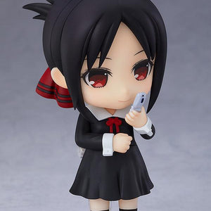 Front view of the Kaguya Shinomiya Nendoroid anime figure holding her white flip phone accessory while showing a gentle, standard smiling face plate.