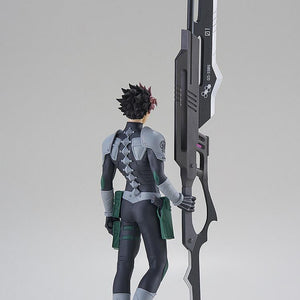 Rear view of the Gen Narumi figure highlighting the spinal armor design of the Defense Force suit and the back of the large weapon.