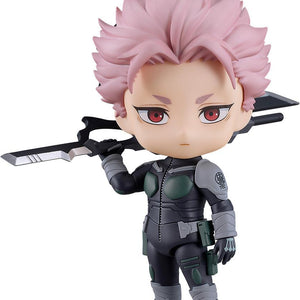 Front view of Gen Narumi Nendoroid from Kaiju No. 8 with his signature pink hair and weapon.