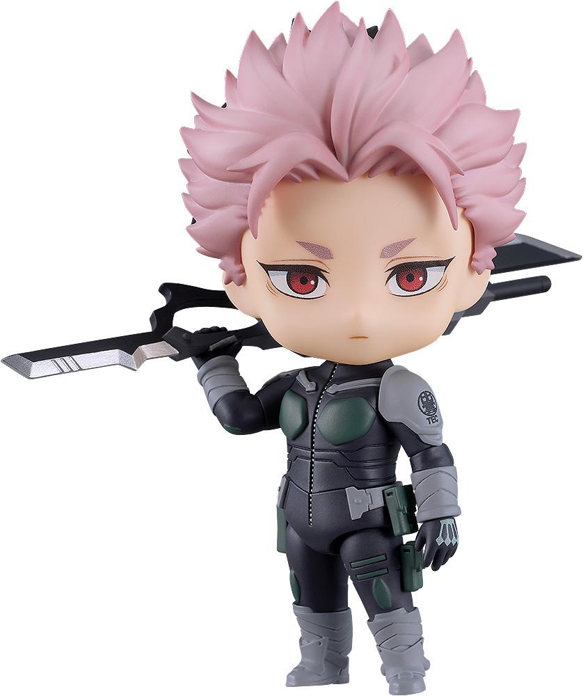 Front view of Gen Narumi Nendoroid from Kaiju No. 8 with his signature pink hair and weapon.