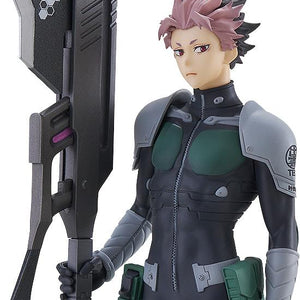 Close-up studio shot of the Kaiju No. 8 Gen Narumi Pop Up Parade figure holding his massive anti-kaiju bayonet weapon against a crisp white background.