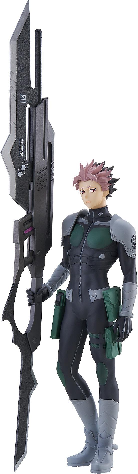 Close-up studio shot of the Kaiju No. 8 Gen Narumi Pop Up Parade figure holding his massive anti-kaiju bayonet weapon against a crisp white background.