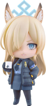 Close-up of Kanna Ogata Nendoroid from Blue Archive holding a white coffee mug with a black paw print.