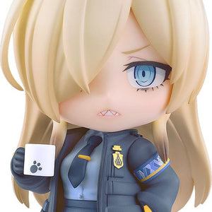 Close-up of Kanna Ogata Nendoroid from Blue Archive holding a white coffee mug with a black paw print.