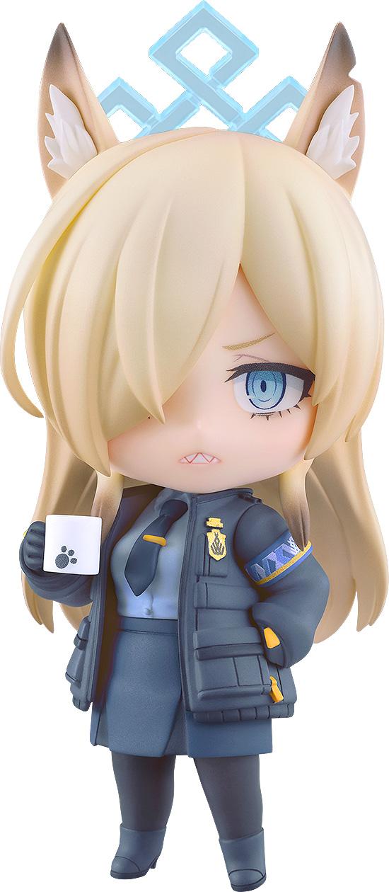 Close-up of Kanna Ogata Nendoroid from Blue Archive holding a white coffee mug with a black paw print.