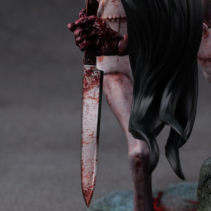 Macro shot of the rusted and bloody kitchen knife held by the Kashimashi statue, featuring realistic metallic and gore textures.