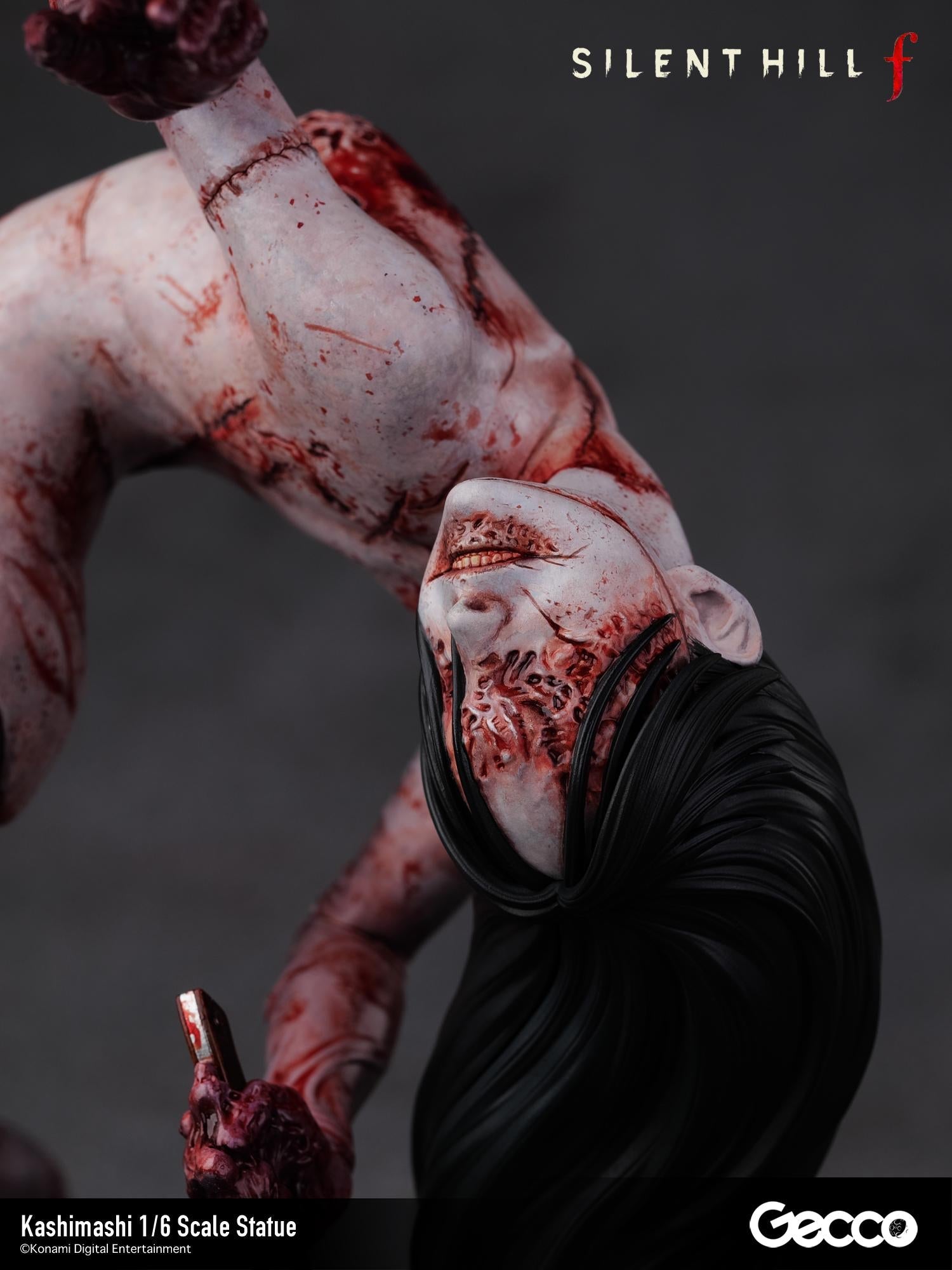 Tight close-up on the head of the Kashimashi figure, showing the fine details of the sliced flesh and realistic blood effects.