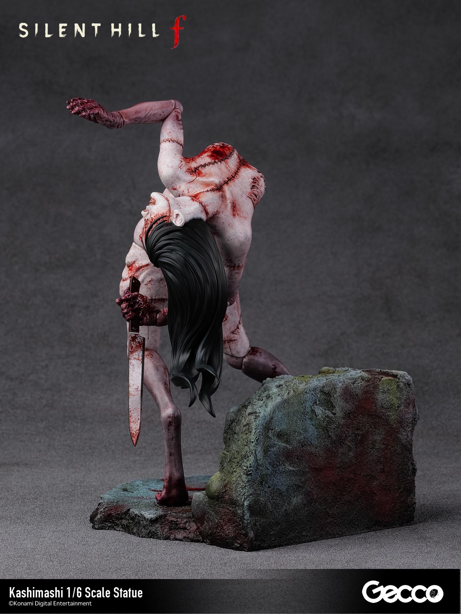 Rear angled view of the Kashimashi statue focusing on the intricate sculpting of the back muscles and gruesome surgical-style stitching.