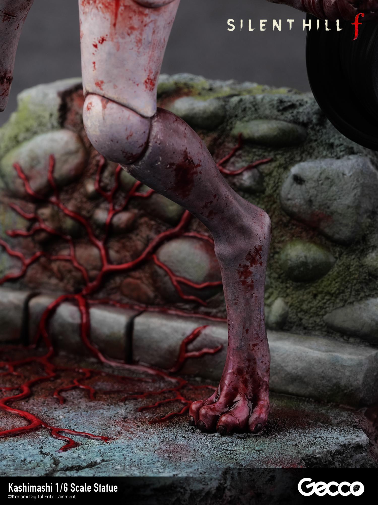 Detailed view of the Kashimashi's elongated foot resting on the mossy, blood-stained back alley base.