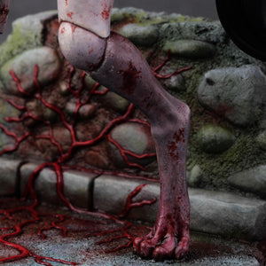 Detailed view of the Kashimashi's elongated foot resting on the mossy, blood-stained back alley base.