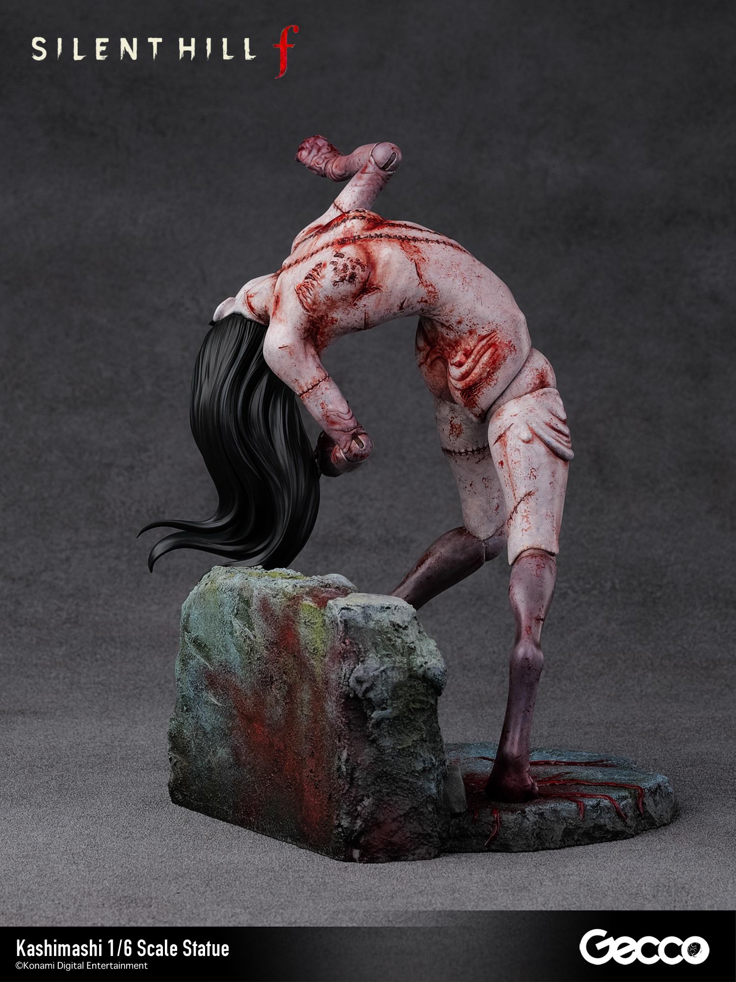 Left side view of the Kashimashi statue emphasizing the long, flowing black hair and the hunched, predatory stance.
