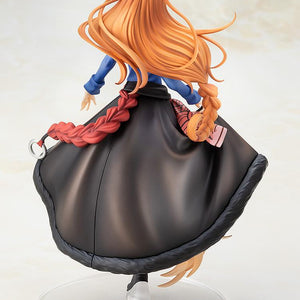Rear view of the Holo figure displaying her long flowing brown hair and braided tail tip bound with a ring accessory.