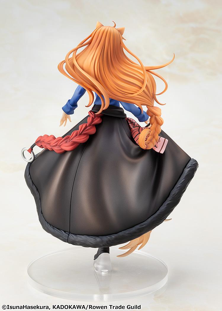 Rear view of the Holo figure displaying her long flowing brown hair and braided tail tip bound with a ring accessory.