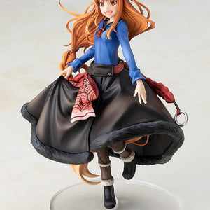 Three-quarter studio view of the Spice and Wolf Holo figure lifting the edges of her flared skirt in a dance pose.