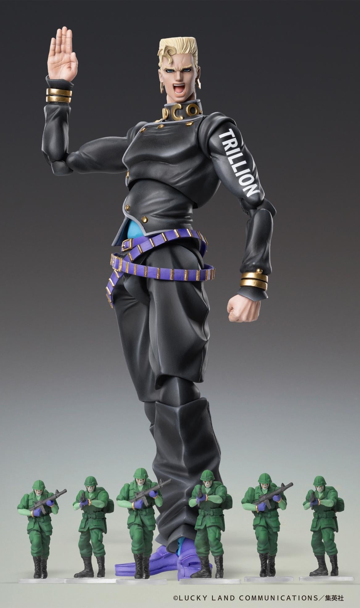 Keicho Nijimura figure with a shouting face plate standing behind a row of six green Bad Company army mini-figures.