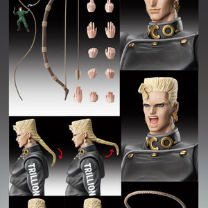 Product layout showing Keicho Nijimura's 13 interchangeable hands, bow, arrow, rope soldier, and articulated hair movement.