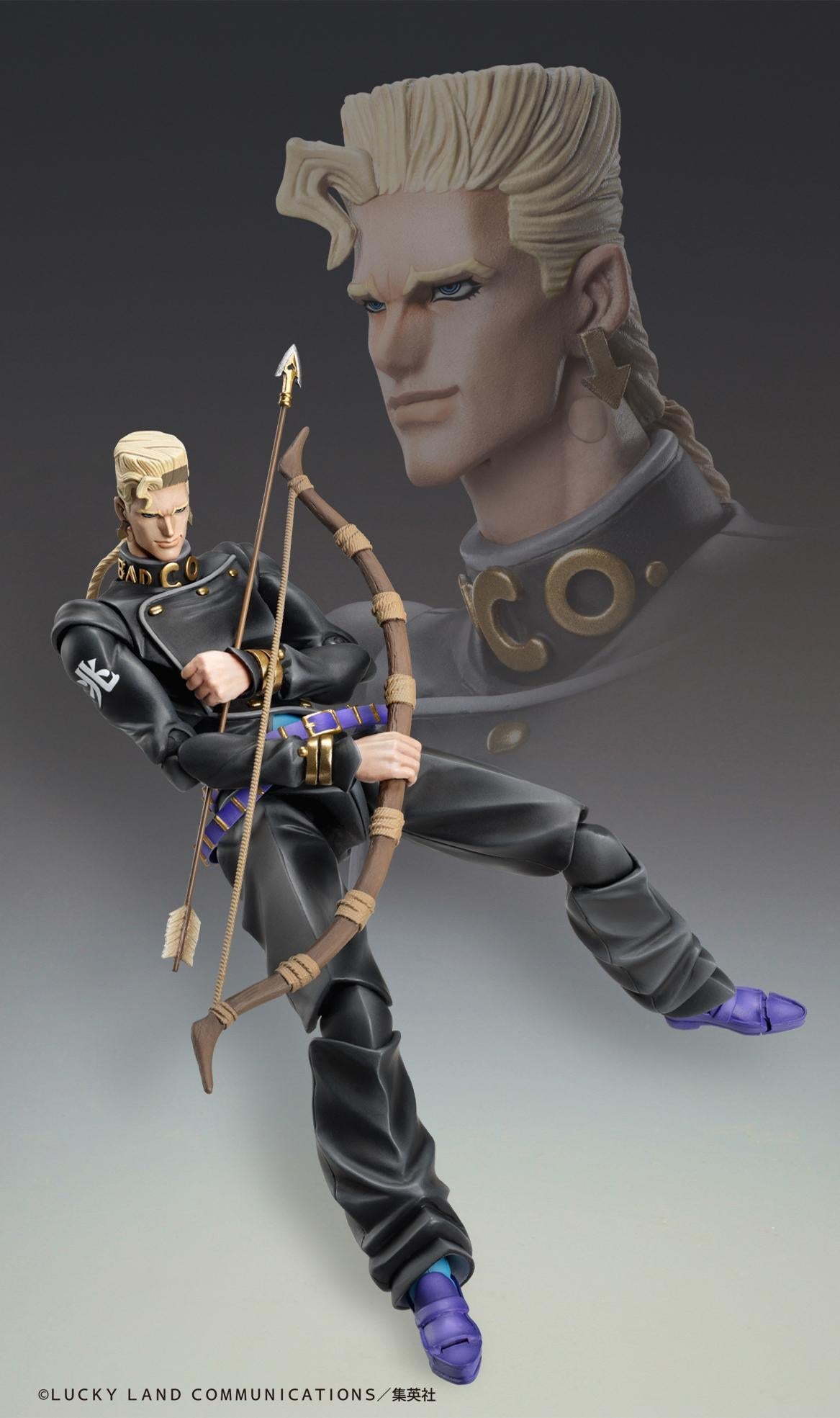 Dynamic action pose of Keicho Nijimura drawing his bow, with a cinematic faded character portrait in the background.