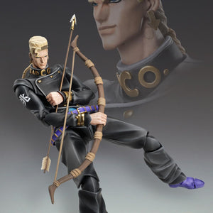 Dynamic action pose of Keicho Nijimura drawing his bow, with a cinematic faded character portrait in the background.