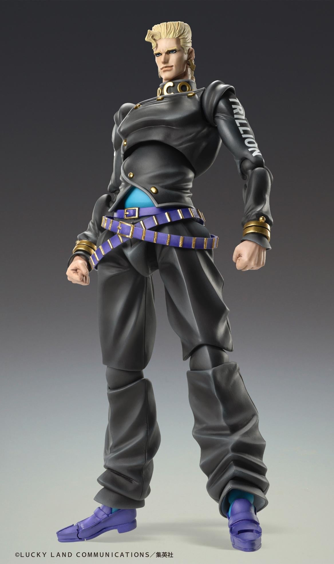 Front view of the Keicho Nijimura articulated figure showcasing his black school uniform with "TRILLION" text on the sleeve.