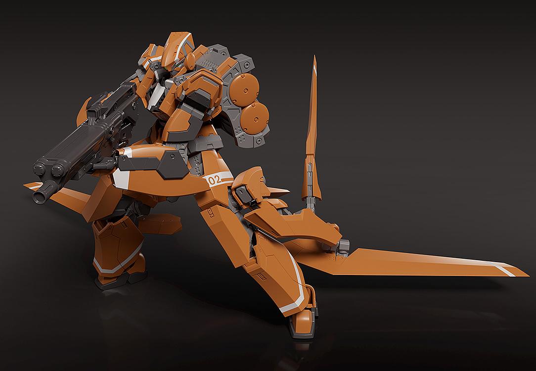 KG-6 Sleipnir model kit in a dynamic crouching pose with the long rifle equipped, demonstrating its wide range of motion.