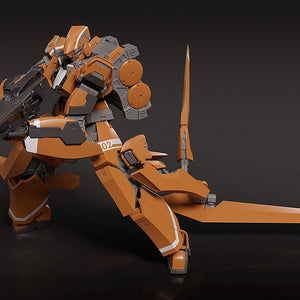 KG-6 Sleipnir model kit in a dynamic crouching pose with the long rifle equipped, demonstrating its wide range of motion.