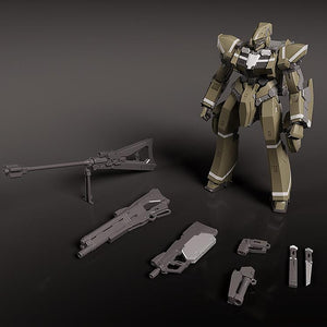 Overhead shot of the Areion model kit alongside its full arsenal, including rifles, handgun, knife, and hand parts.