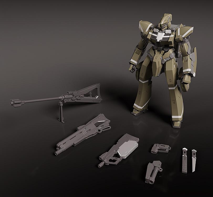 Overhead shot of the Areion model kit alongside its full arsenal, including rifles, handgun, knife, and hand parts.