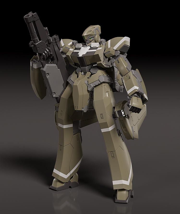 Front-angled view of the Areion model kit with its submachine gun raised and leg stabilizers in neutral position.