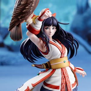 Three-quarter mid-shot of Nakoruru smiling with hawk Mamahaha against a cool blue background