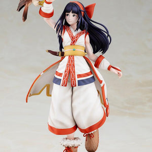Full dynamic pose of Nakoruru stepping forward with raised arm supporting hawk Mamahaha on a studio backdrop
