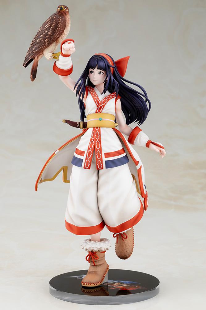 Full dynamic pose of Nakoruru stepping forward with raised arm supporting hawk Mamahaha on a studio backdrop