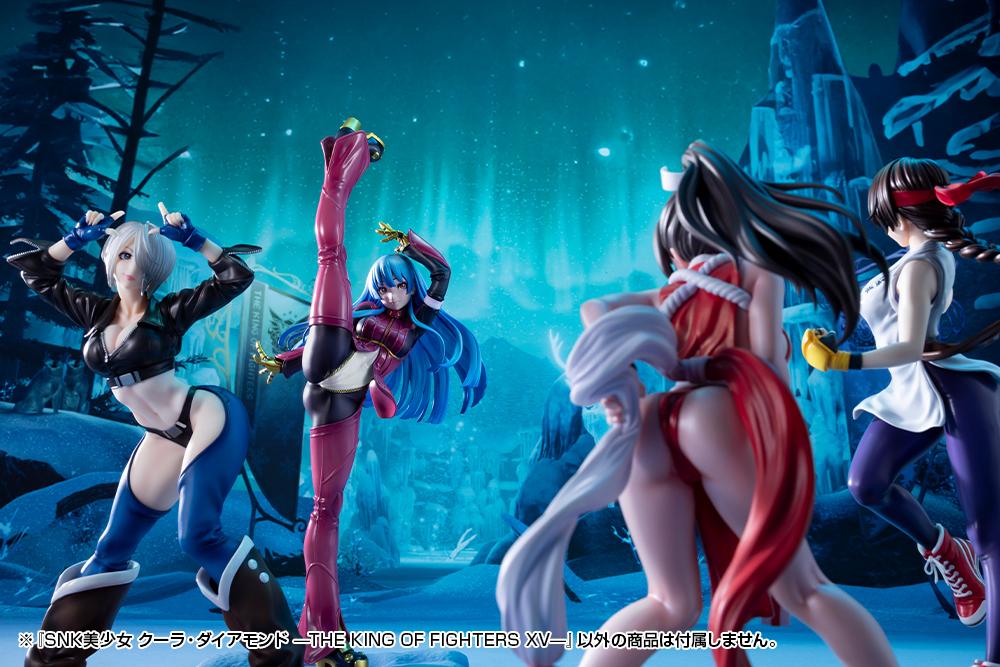 Group display showcasing multiple Kotobukiya King of Fighters Bishoujo figures including Angel, Kula Diamond, and Mai Shiranui on an icy stage.