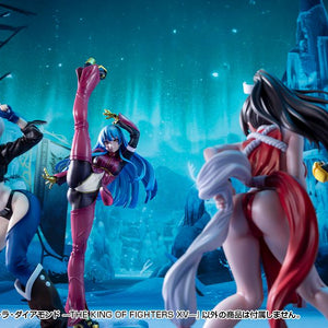 Group display showcasing multiple Kotobukiya King of Fighters Bishoujo figures including Angel, Kula Diamond, and Mai Shiranui on an icy stage.