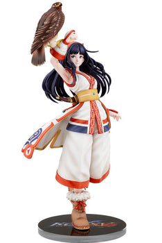 Full-length front three-quarter view of The King of Fighters XV Nakoruru 1/8 scale figure holding her hawk Mamahaha on a branded KOF XV base