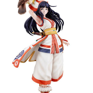 Full-length front three-quarter view of The King of Fighters XV Nakoruru 1/8 scale figure holding her hawk Mamahaha on a branded KOF XV base