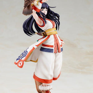 Front three-quarter standing shot of Nakoruru figure mounted on the KOF XV logo display stand