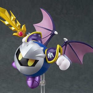 Action-oriented aerial pose of the Meta Knight Nendoroid using a clear support arm, featuring his iconic wings and sword raised for battle.