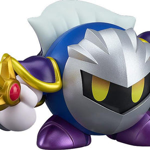 Front view of the Kirby Meta Knight Nendoroid figure by Good Smile Company, featuring his signature silver mask, purple armor, and golden sword Galaxia.
