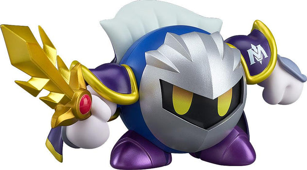 Front view of the Kirby Meta Knight Nendoroid figure by Good Smile Company, featuring his signature silver mask, purple armor, and golden sword Galaxia.