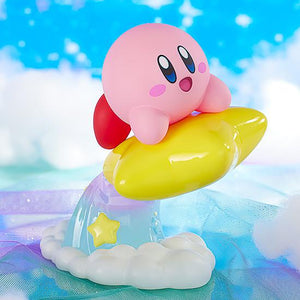 Whimsical diorama display of the Kirby figure riding his star over light clouds against a vibrant, glittering blue sky background.