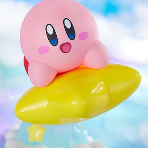 Close-up action angle of the Kirby figure soaring into the air, set against a bright, out-of-focus dream land cloud backdrop.
